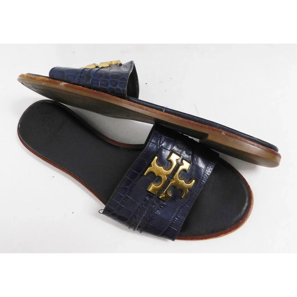 Tory Burch Everly Blue Croc Embossed Leather Slide Sandals Gold Logo 7.5 M